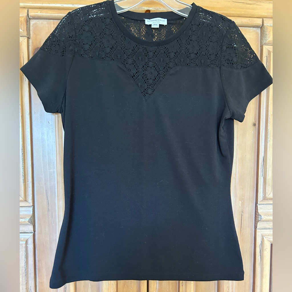 Katherine Barclay Short Sleeve, Lace Trim, Black T Shirt, Size M